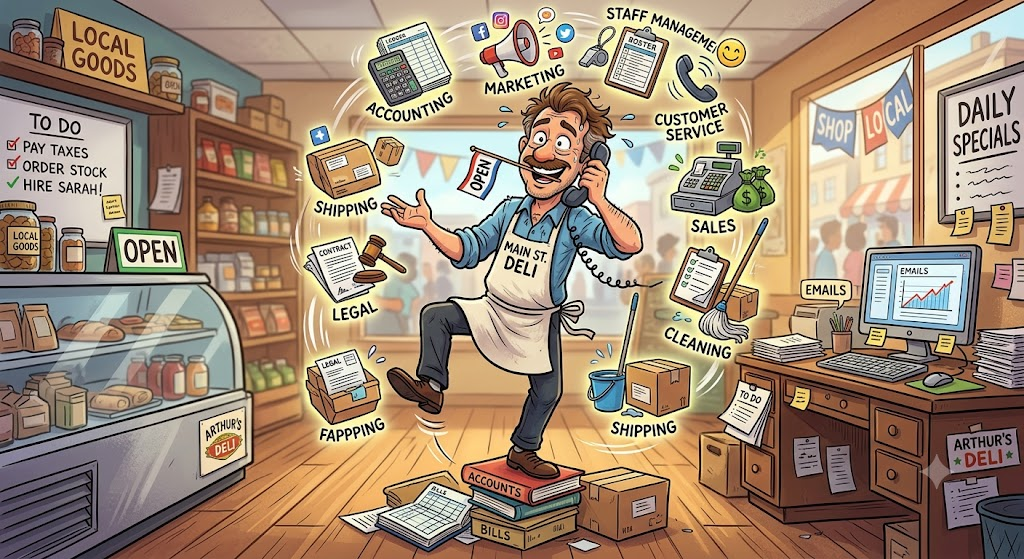 A small business owner juggling accounting, marketing, staffing, customer service, sales, legal work, cleaning, shipping, and email