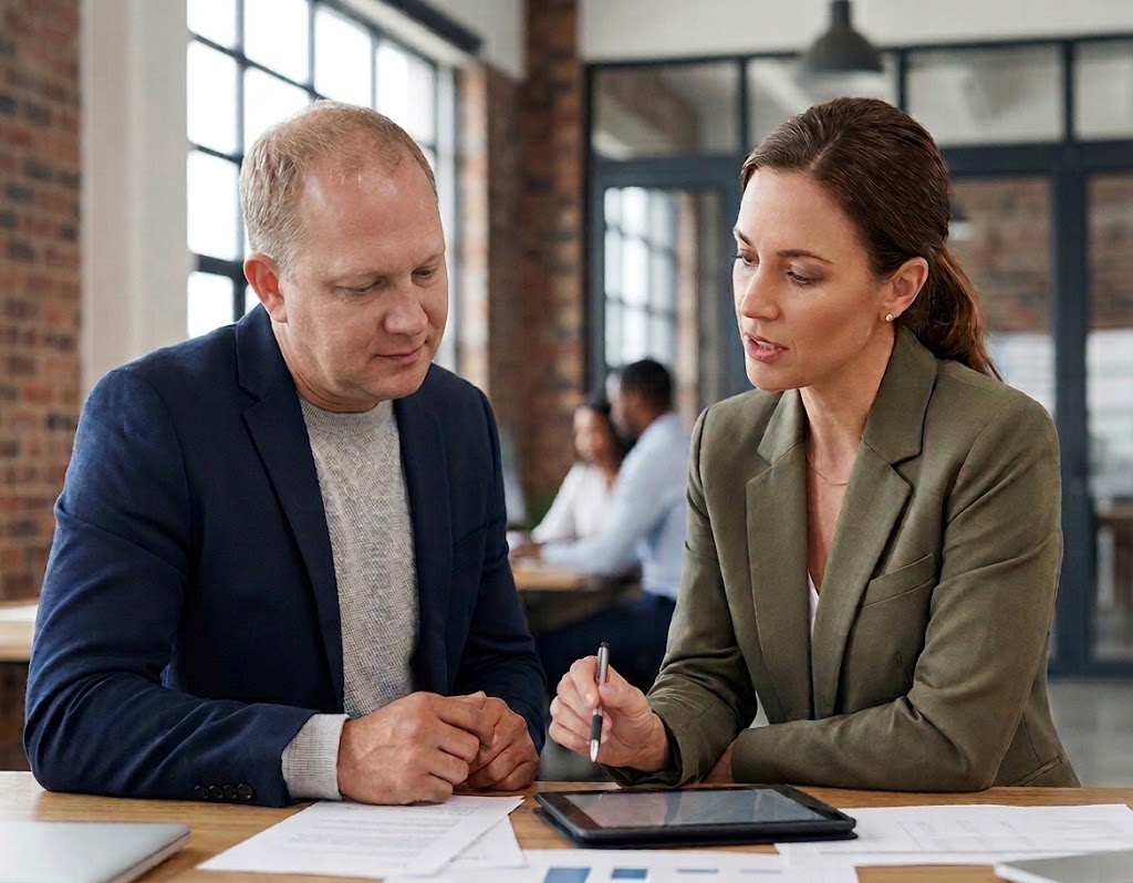 Chris Holmes working through business plans with a client